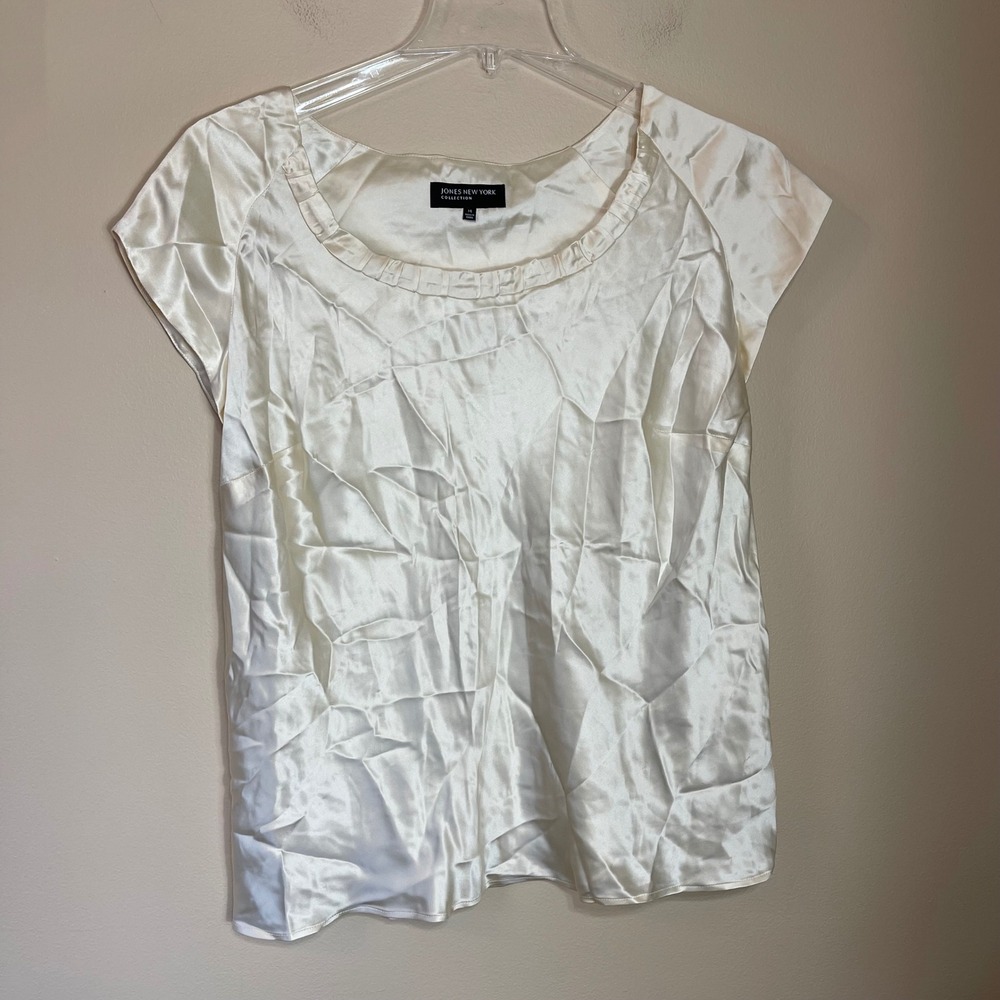 Jones New York Collection Cream 100% Silk Scoop Neck Cap Sleeve Blouse 14